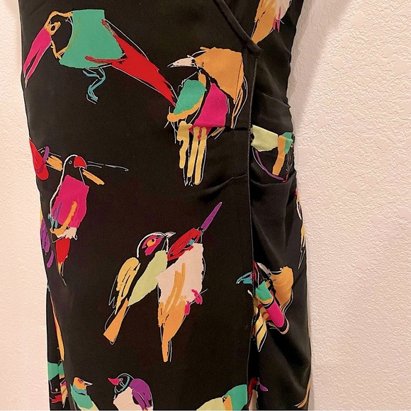 MARC JACOBS Gossip Girl Colorful Bird Print Silk Wrap V Neck Ruched Dress Sz 0 - Picture 7 of 15